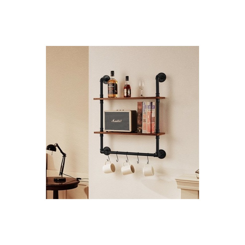 Seinälle asennettava 2-tasoinen putkihylly metallirunko ja puulevyt