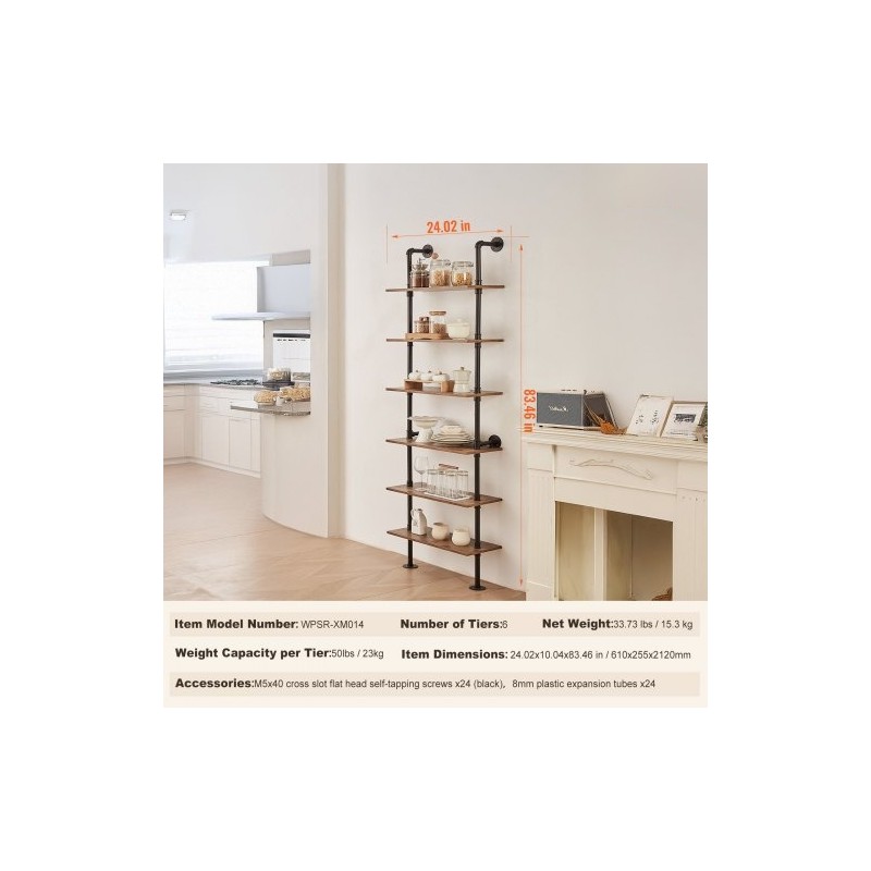 Seinään kiinnitettävä hylly galvanoitu teräsrunko P2-levyhyllyt 6 tasoa 610x255x2120 mm