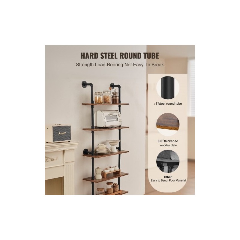 Seinään kiinnitettävä metallinen putkihylly 5 tasoa 610x250 mm teräsrunko