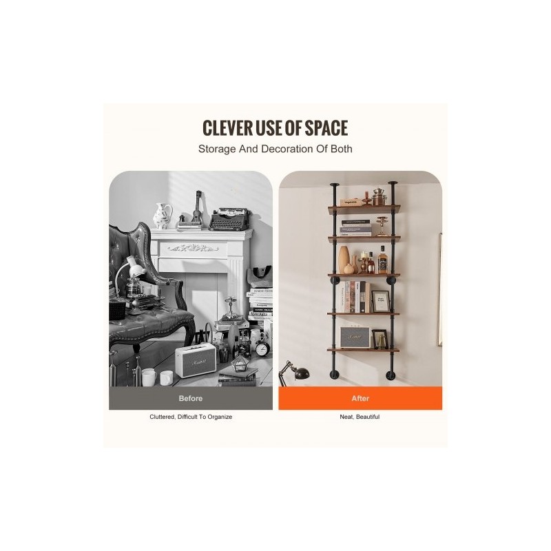 Seinään kiinnitettävä metallinen putkihylly 5 tasoa 610x250 mm teräsrunko