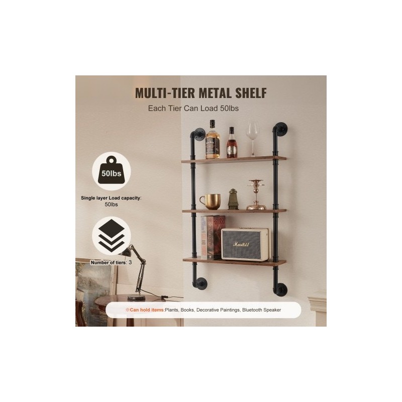 Seinään kiinnitettävä kolmikerroksinen hylly teräsputkirunko P2-kuitulevy 610x200x725 mm