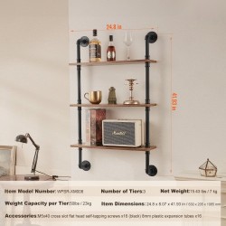 Seinään kiinnitettävä kolmikerroksinen hylly teräsputkirunko P2-kuitulevy 610x200x725 mm