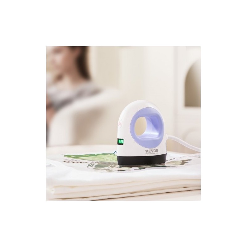 Pieni lämpöpuristin kompakti 3-tasoinen lämpötilansäätö automaattinen virrankatkaisu tekstiileille sinivalkoinen