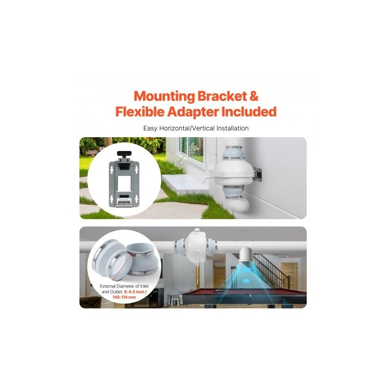 Radonpoistopuhaltimen asennussarja ABS-runko 148–114 mm, 380 CFM, 2 liitintä