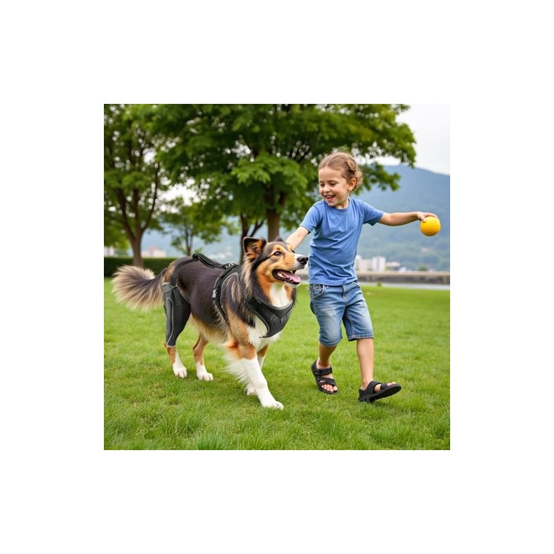 Koiran neopreeninen polvituki keskikoko oikealle takajalalle säädettävällä saranalla heijastavilla reunoilla