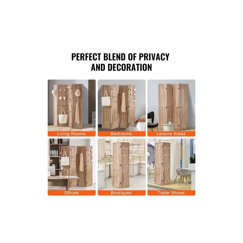 Neliosainen puinen tilanjakaja paulownia ja MDF 170 cm korkea reikälevypinta sisäkäyttöön