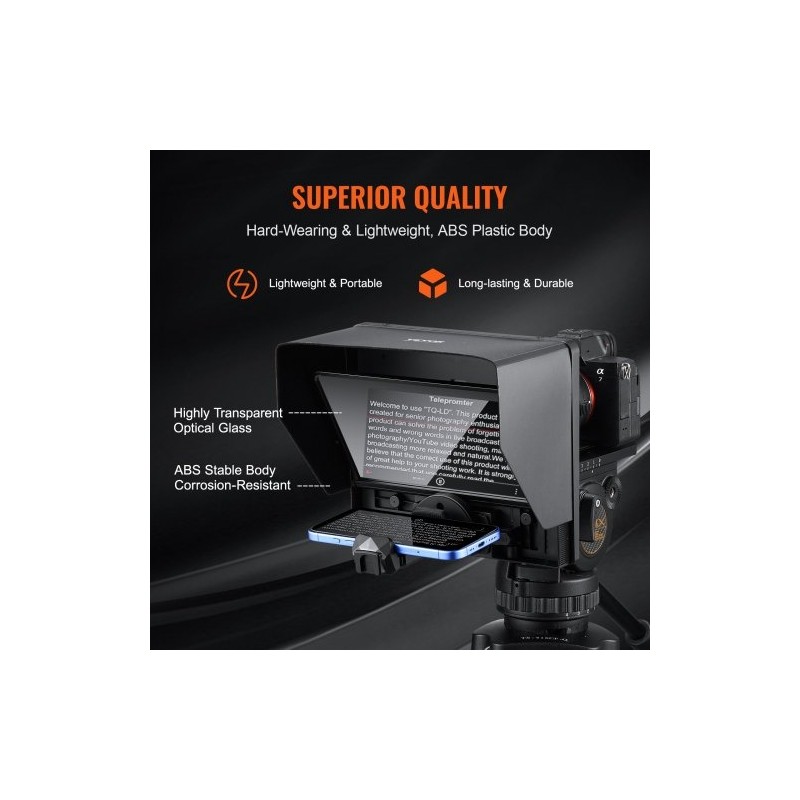 Pöytäteleprompteri 10-tuumainen alumiiniseoksesta ja ABS-muovista tukee järjestelmäkameraa ja älypuhelimia