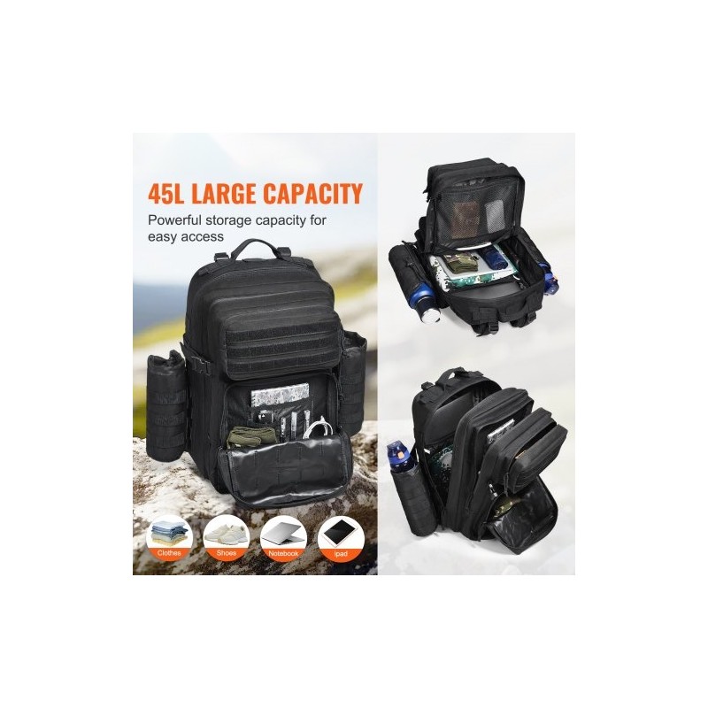 Taktinen reppu 45L 600D polyesteri musta MOLLE kiinnitysjärjestelmällä pehmustettu selkäosa