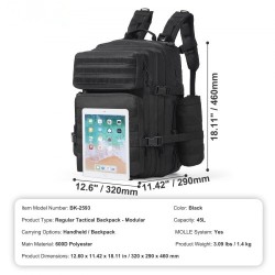 Taktinen reppu 45L 600D polyesteri musta MOLLE kiinnitysjärjestelmällä pehmustettu selkäosa