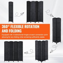 Neliosainen taitettava tilanjakaja keisaripuusta ja paperirottingista musta