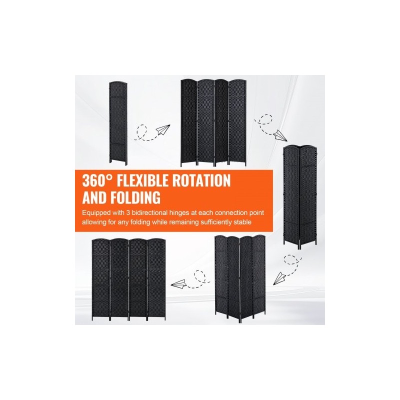 Neliosainen taitettava tilanjakaja keisaripuusta ja paperirottingista musta