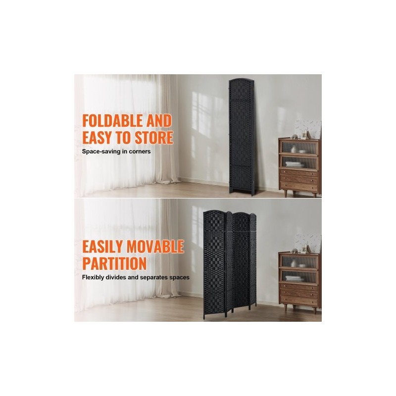 Neliosainen taitettava tilanjakaja keisaripuusta ja paperirottingista musta