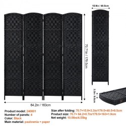 Neliosainen taitettava tilanjakaja keisaripuusta ja paperirottingista musta