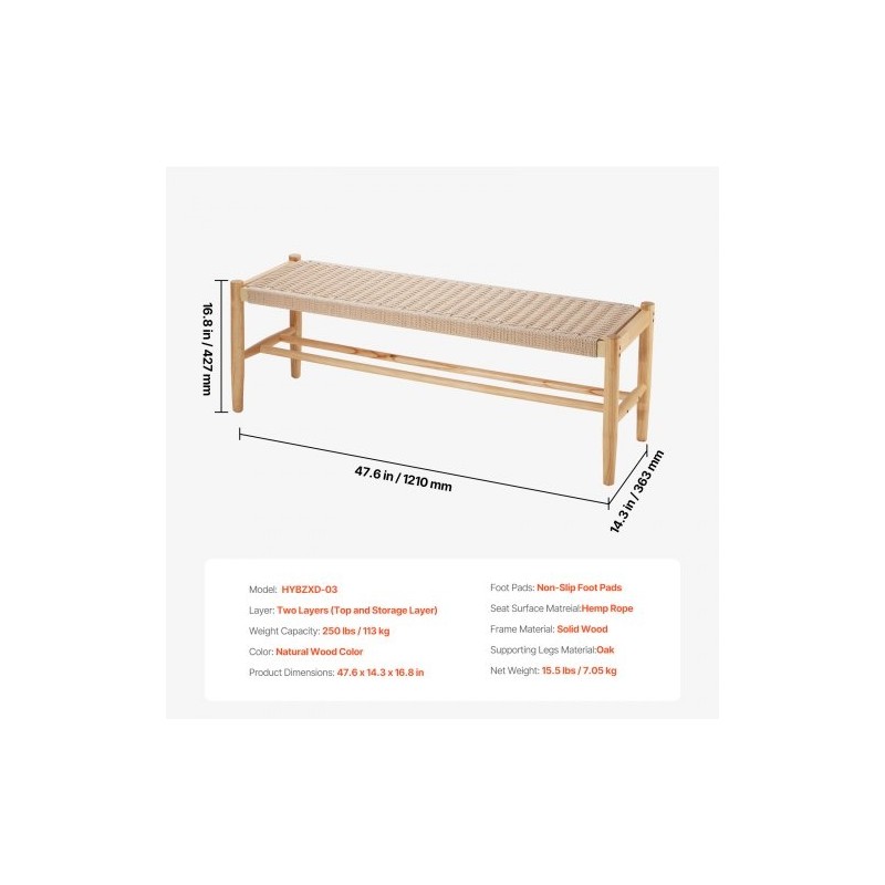 Rottinkipenkki hamppuköysinen istuin täyspuurunko tammijalat kahden tason säilytyshylly kahden hengen