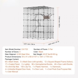 Kissanhäkki 4-tasoinen teräslankainen musta 1371 x 1041 x 1754 mm 5 ovella