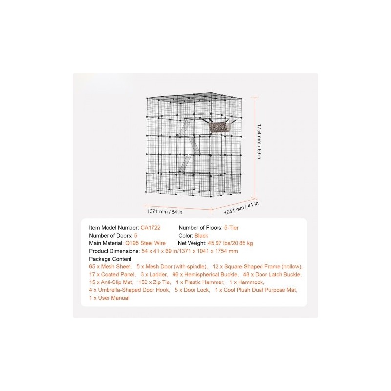 Kissanhäkki 4-tasoinen teräslankainen musta 1371 x 1041 x 1754 mm 5 ovella