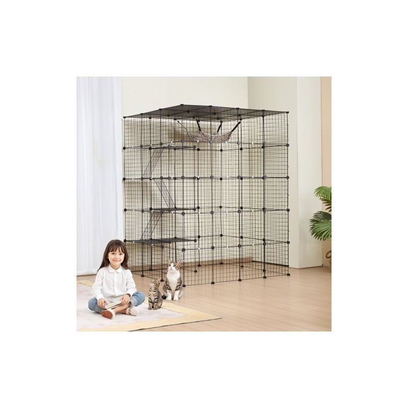 Kissanhäkki 4-tasoinen teräslankainen musta 1371 x 1041 x 1754 mm 5 ovella