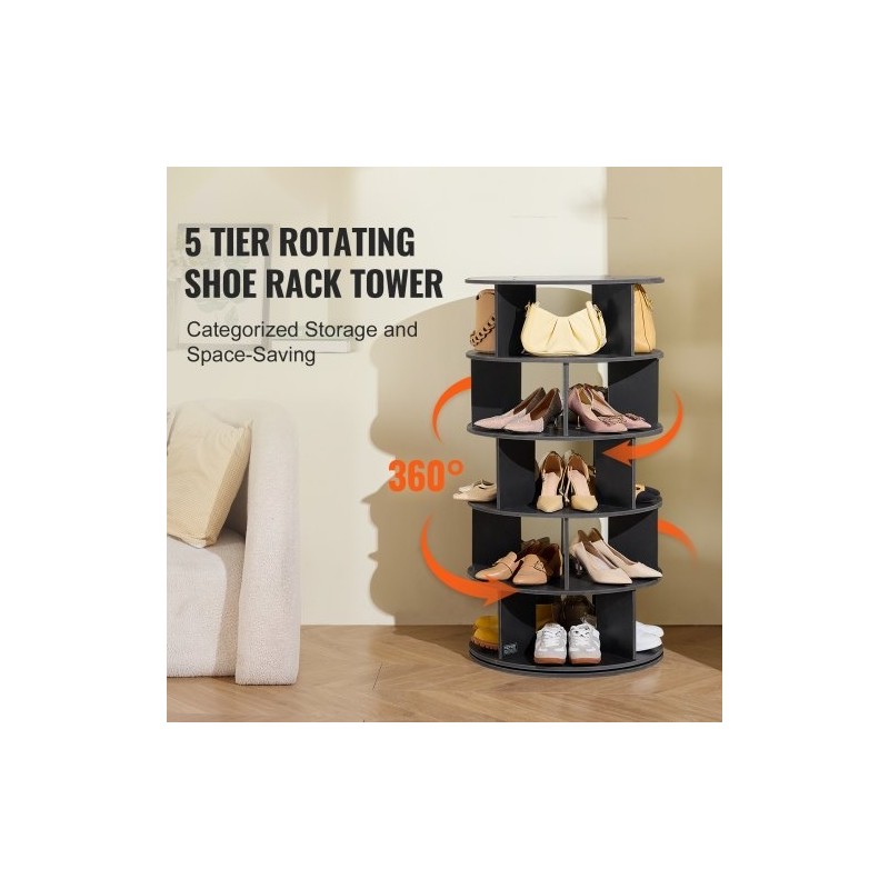 Pyörivä kenkäteline 5-tasoinen 4-pilarinen musta puu-muovilevy 20 paria