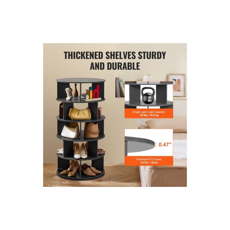 Pyörivä kenkäteline 5-tasoinen 4-pilarinen musta puu-muovilevy 20 paria