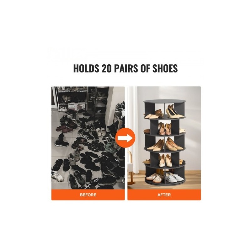 Pyörivä kenkäteline 5-tasoinen 4-pilarinen musta puu-muovilevy 20 paria