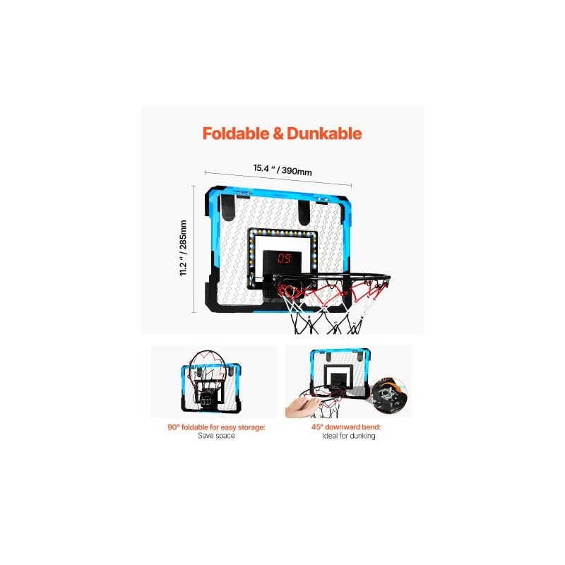 Mini koripallokori ovien yläpuolelle kiinnitettävä sininen sähköinen pistelaskuri LED-valot musiikkitoiminnot 3 palloa