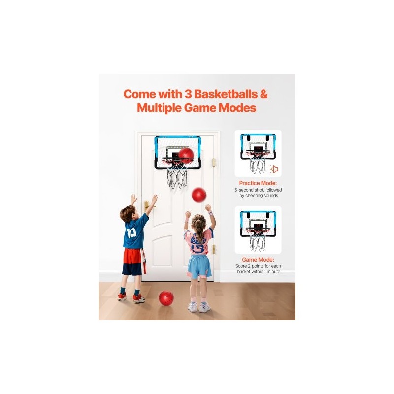 Mini koripallokori ovien yläpuolelle kiinnitettävä sininen sähköinen pistelaskuri LED-valot musiikkitoiminnot 3 palloa