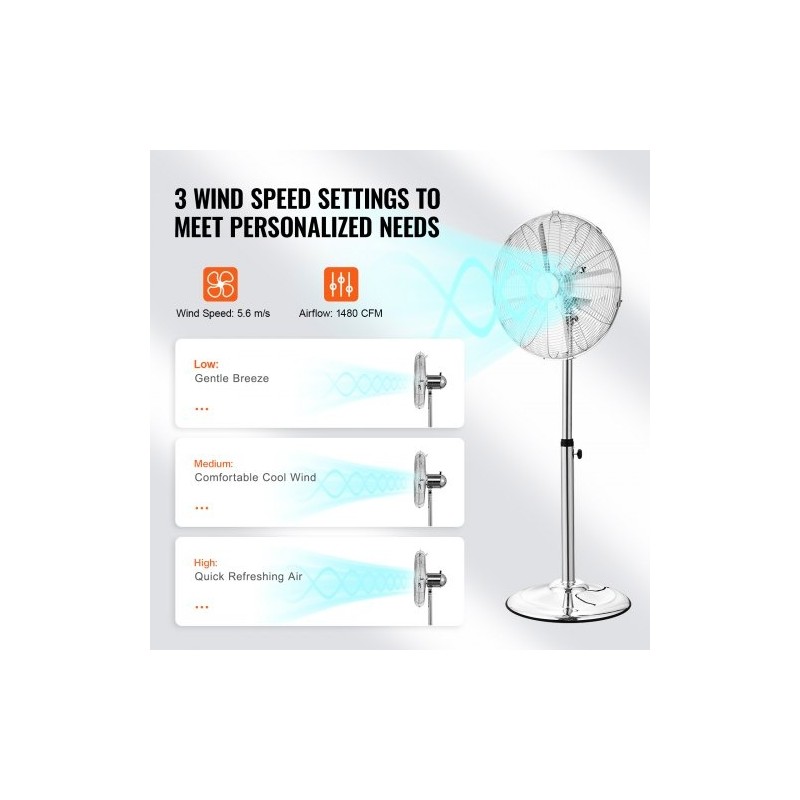 Jalustatuuletin metallinen 16-tuumainen säädettävä korkeus kääntyvä kolmivaihteinen hopea