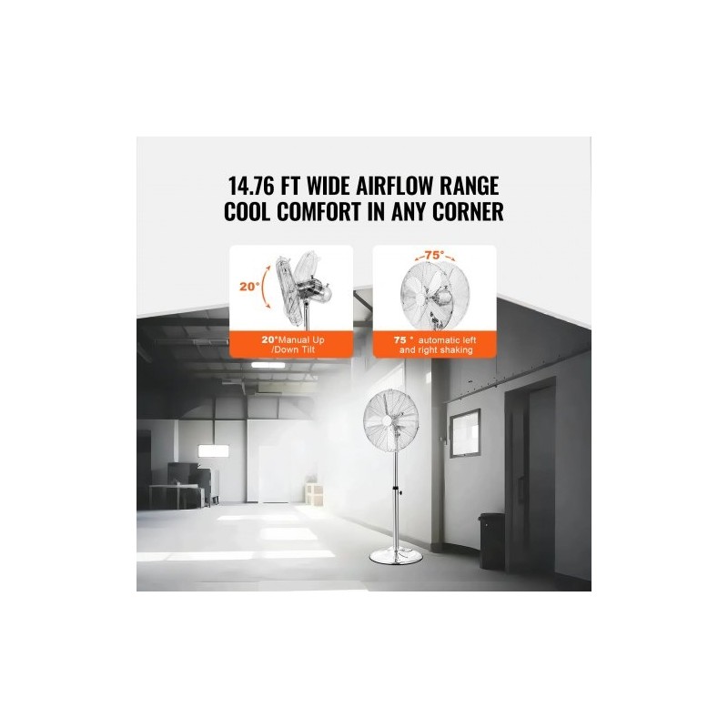 Jalustatuuletin metallinen 16-tuumainen säädettävä korkeus kääntyvä kolmivaihteinen hopea