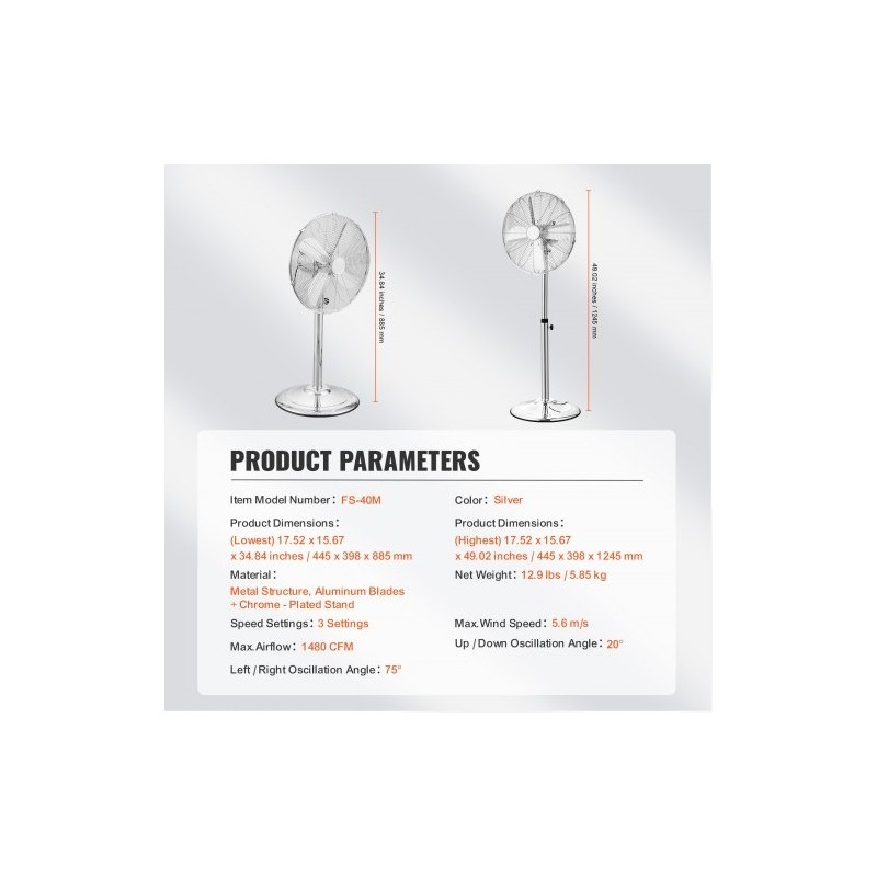 Jalustatuuletin metallinen 16-tuumainen säädettävä korkeus kääntyvä kolmivaihteinen hopea