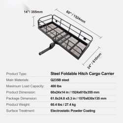Teräksinen taitettava vetokoukkuun kiinnitettävä tavarakori sopii 2 tuuman vastaanottimeen