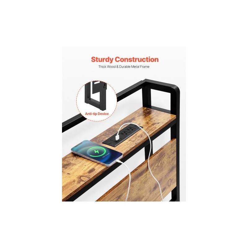 Sängynpääty leveälle sängylle ruskeat puupaneelit mustalla metallirungolla integroidulla virtapaneelilla