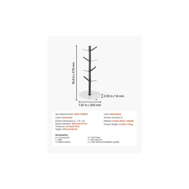 Mukiteline työtasolle puumainen rakenne hiiliteräsrunko marmorialustalla kahdeksalle mukille mattamusta