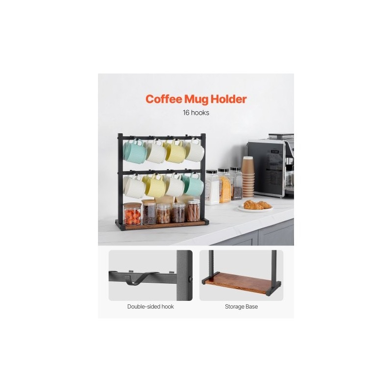 Kahvimukiteline tasolle asetettava hiiliteräksestä ja puusta 16 koukkua mattamusta