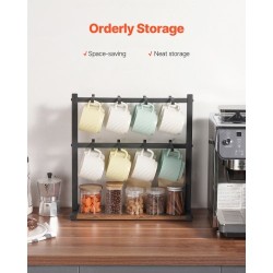 Kahvimukiteline tasolle asetettava hiiliteräksestä ja puusta 16 koukkua mattamusta