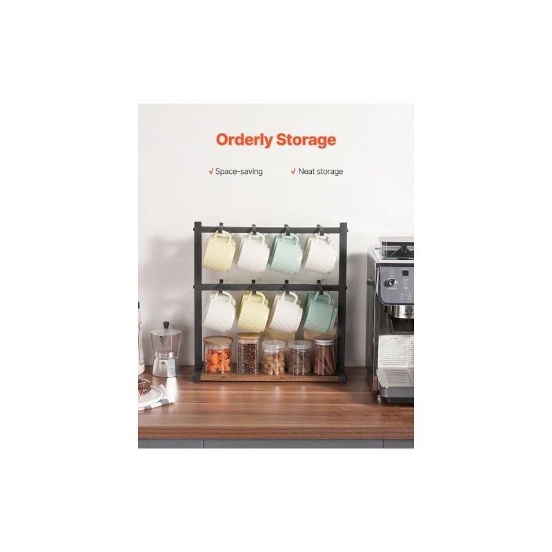 Kahvimukiteline tasolle asetettava hiiliteräksestä ja puusta 16 koukkua mattamusta