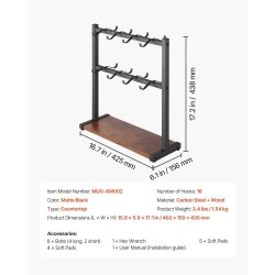 Kahvimukiteline tasolle asetettava hiiliteräksestä ja puusta 16 koukkua mattamusta