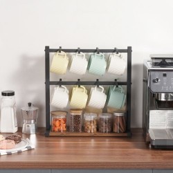 Kahvimukiteline tasolle asetettava hiiliteräksestä ja puusta 16 koukkua mattamusta