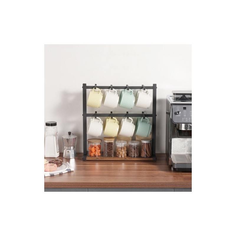 Kahvimukiteline tasolle asetettava hiiliteräksestä ja puusta 16 koukkua mattamusta