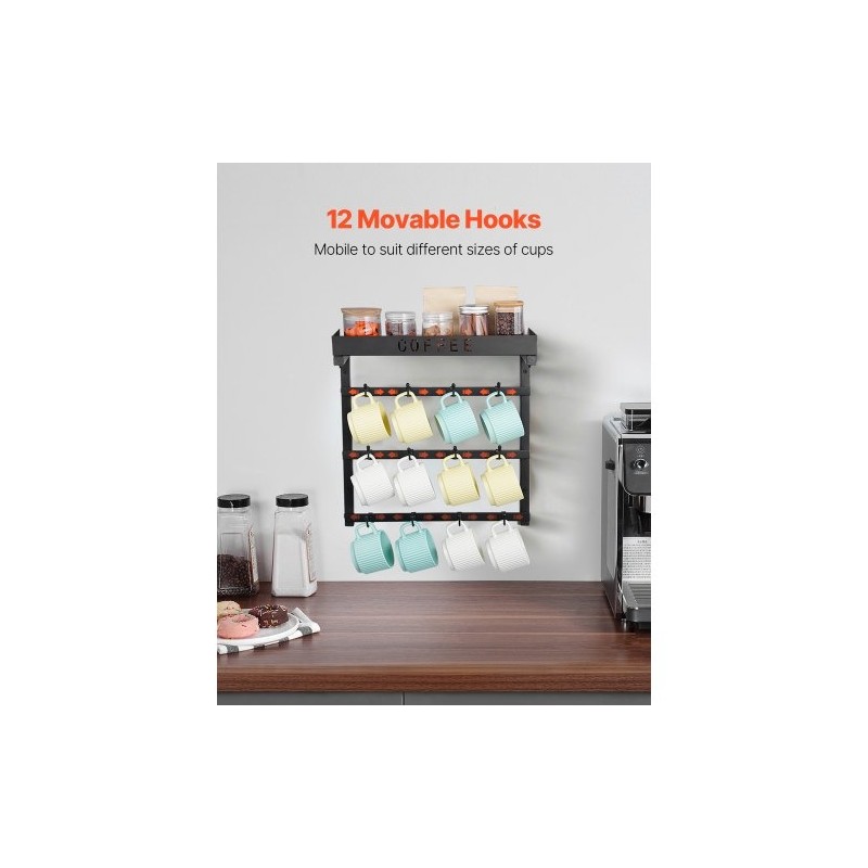 Seinään kiinnitettävä hiiliteräksinen mukiteline 12 koukkua ylähyllyllä matta musta keittiöön