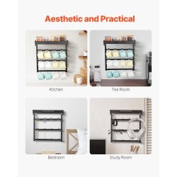 Seinään kiinnitettävä hiiliteräksinen mukiteline 12 koukkua ylähyllyllä matta musta keittiöön