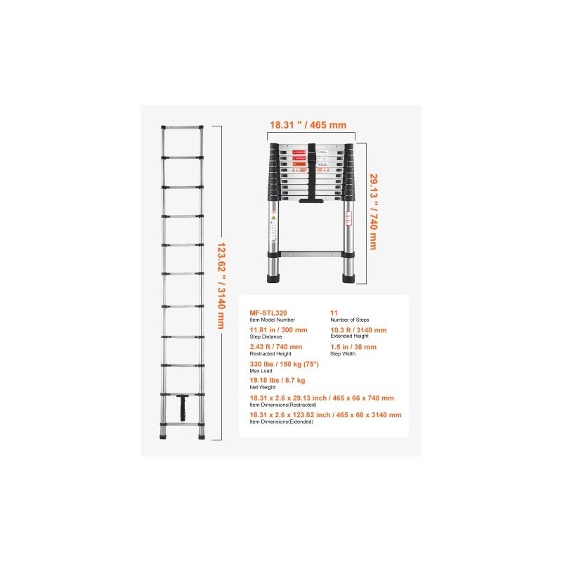 Teleskooppitikas ruostumattomasta teräksestä 3140 mm kokoon taitettava 150 kg