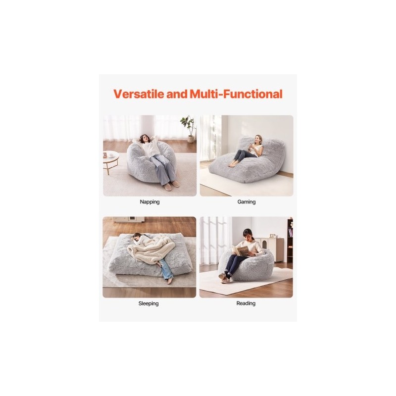 Muunnettava säkkituoli lepotuoli patja pehmeä pörröinen irrotettava pestävä päällinen harmaa
