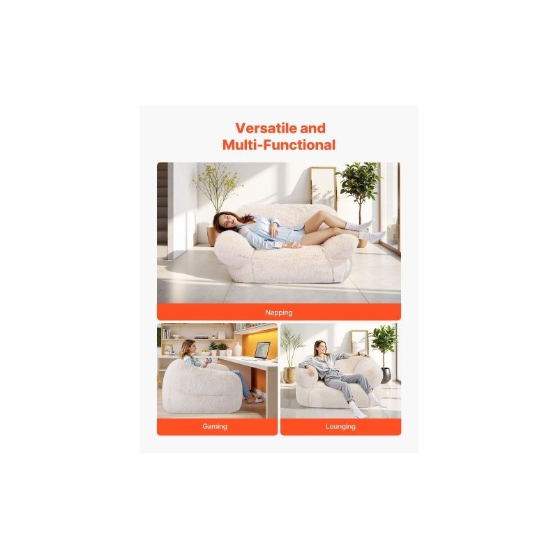 Säkkituoli korkeaselkäinen plyysipäällinen käsinojilla aikuisille korkeatiheyksinen vaahtotäyte beige