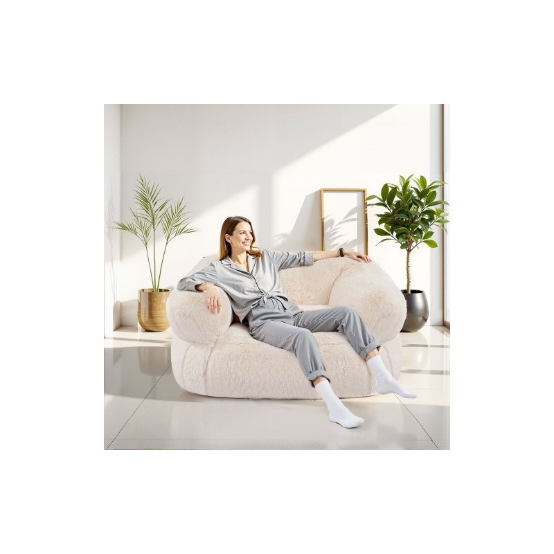 Säkkituoli korkeaselkäinen plyysipäällinen käsinojilla aikuisille korkeatiheyksinen vaahtotäyte beige