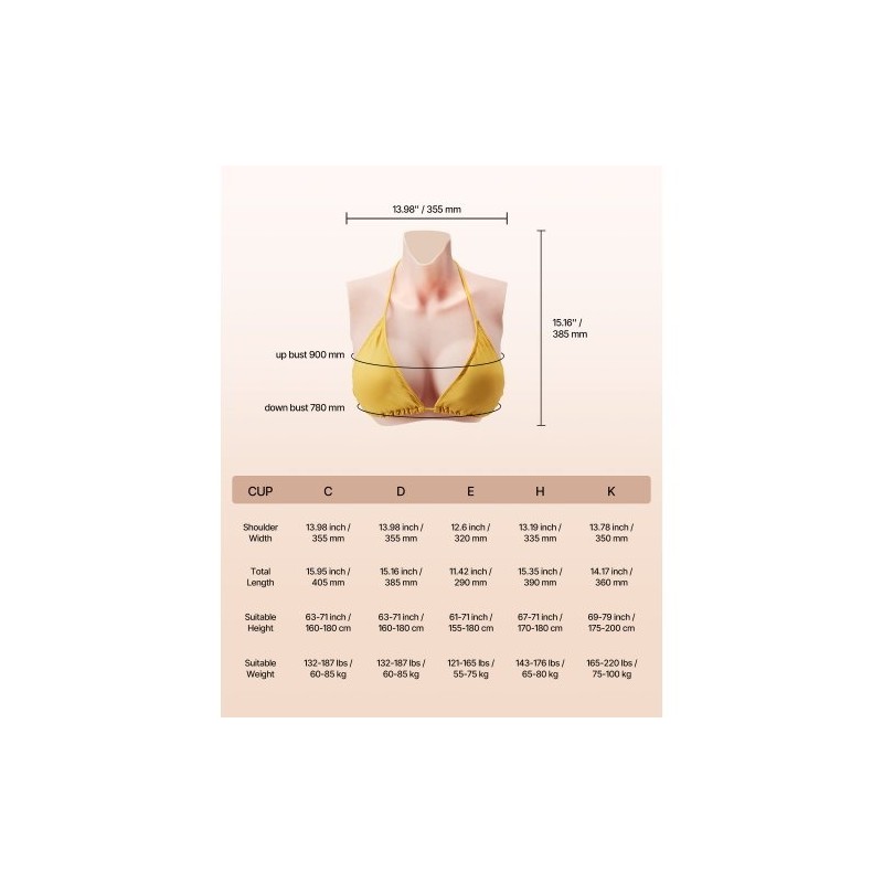 Silikoninen rintalevy D-kuppi 100% silikoni elefantinluunvärinen cosplayhin ja drag-esiintyjille