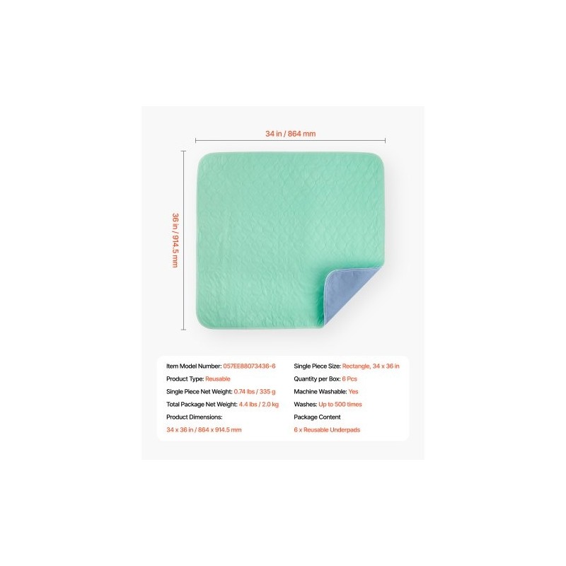 Vuodesuoja lateksiton 34×36 tuumaa 6 kappaletta konepestävä