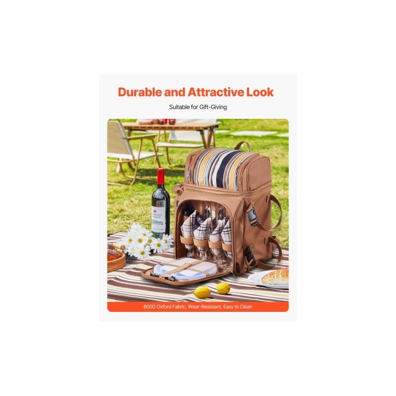 Piknikreppu 25 litran lämpöeristetty osasto kestävä kangas ruskea astiat aterimet viltti