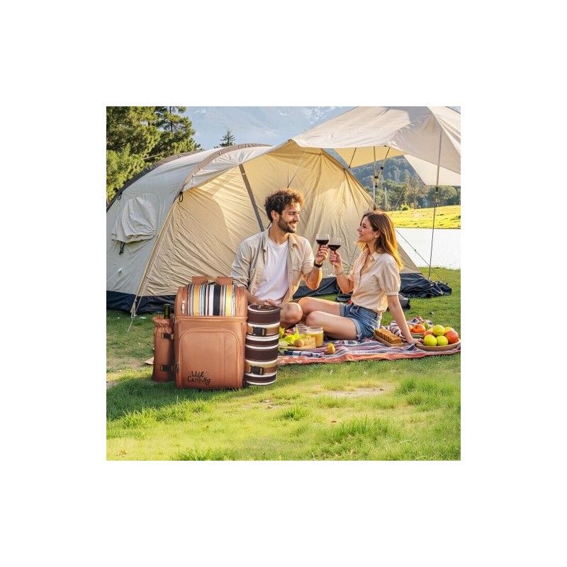 Piknikreppu 25 litran lämpöeristetty osasto kestävä kangas ruskea astiat aterimet viltti