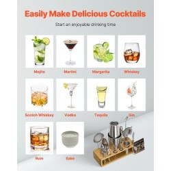 13-osainen cocktail-setti 304-ruostumattomasta teräksestä bambutelineellä kotibaarille ja juhliin