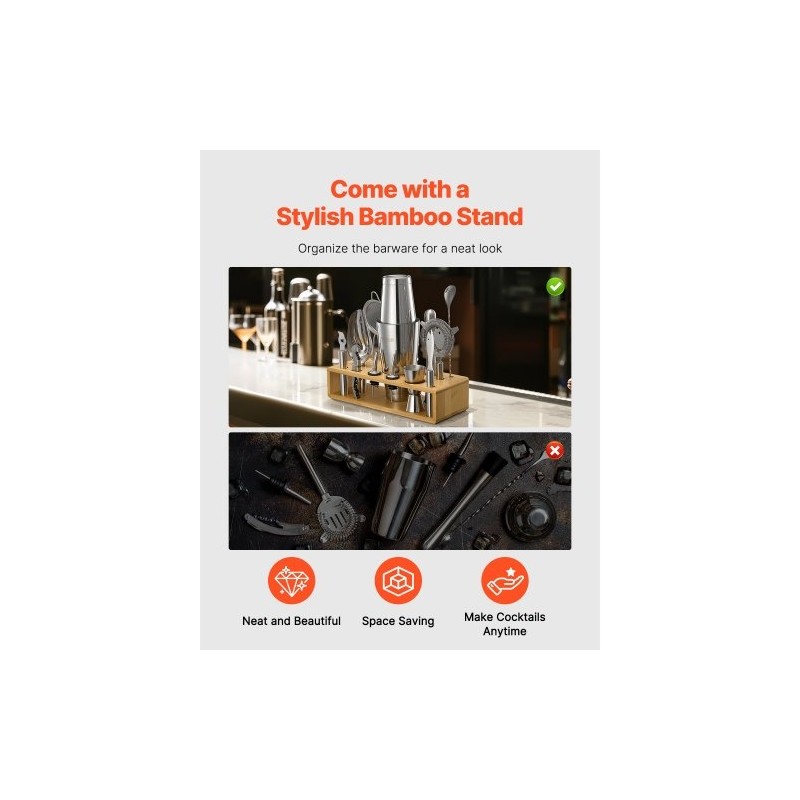 13-osainen cocktail-setti 304-ruostumattomasta teräksestä bambutelineellä kotibaarille ja juhliin